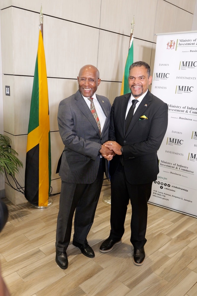 Jamaica’s Minister Aubyn Hill and South Africa’s Deputy Minister Alvin Botes stand beside the Jamaican and South African flags.