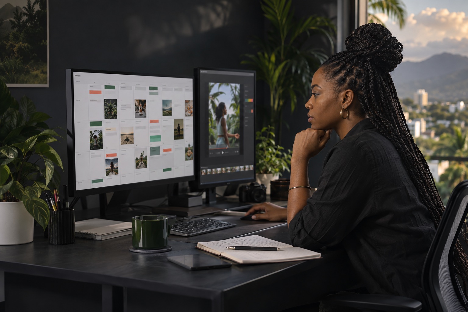Illustrative scene of a publishing coordinator reviewing a social content schedule